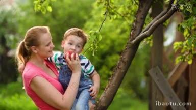 果园里，年轻的母亲用鲜红的苹果喂儿子吃健康食品